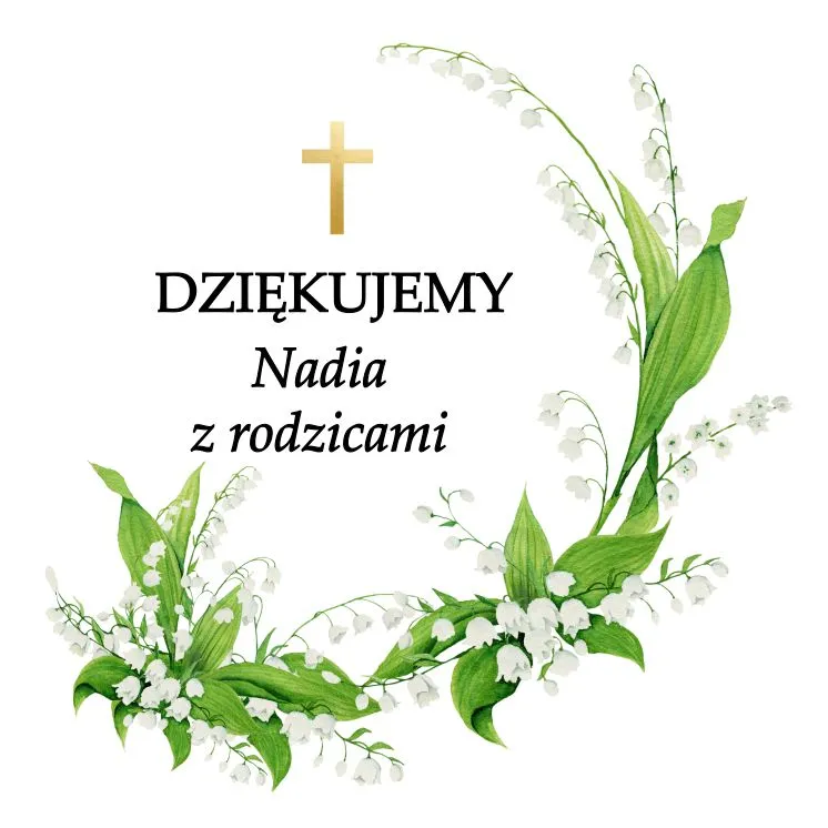 Grafika na podziękowania z delikatnymi kwiatami konwalii i złotym krzyżem, idealna dla gości na chrzcie
