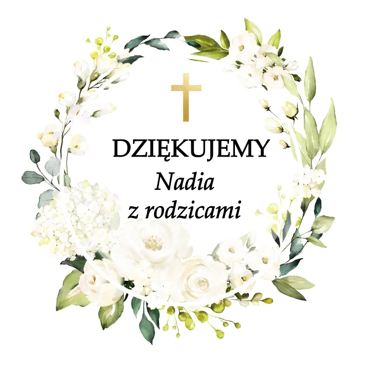 Wianek kwiatowy z białymi różami i zielenią, złoty krzyż w środku, podziękowania dla gości chrztu