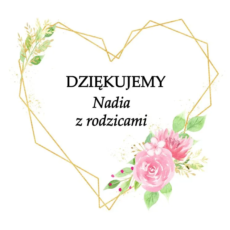 Grafika podziękowaniami w kształcie serca, z różowymi kwiatami i złotymi akcentami, idealna na podziękowanie za chrzest