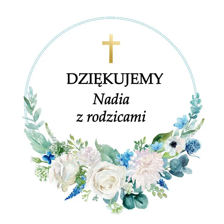 Grafika na prezencik z okazji chrztu z jasnoniebieskimi kwiatami i złotym krzyżem, umieszczona w pół okrągłym wieńcu kwiatowym