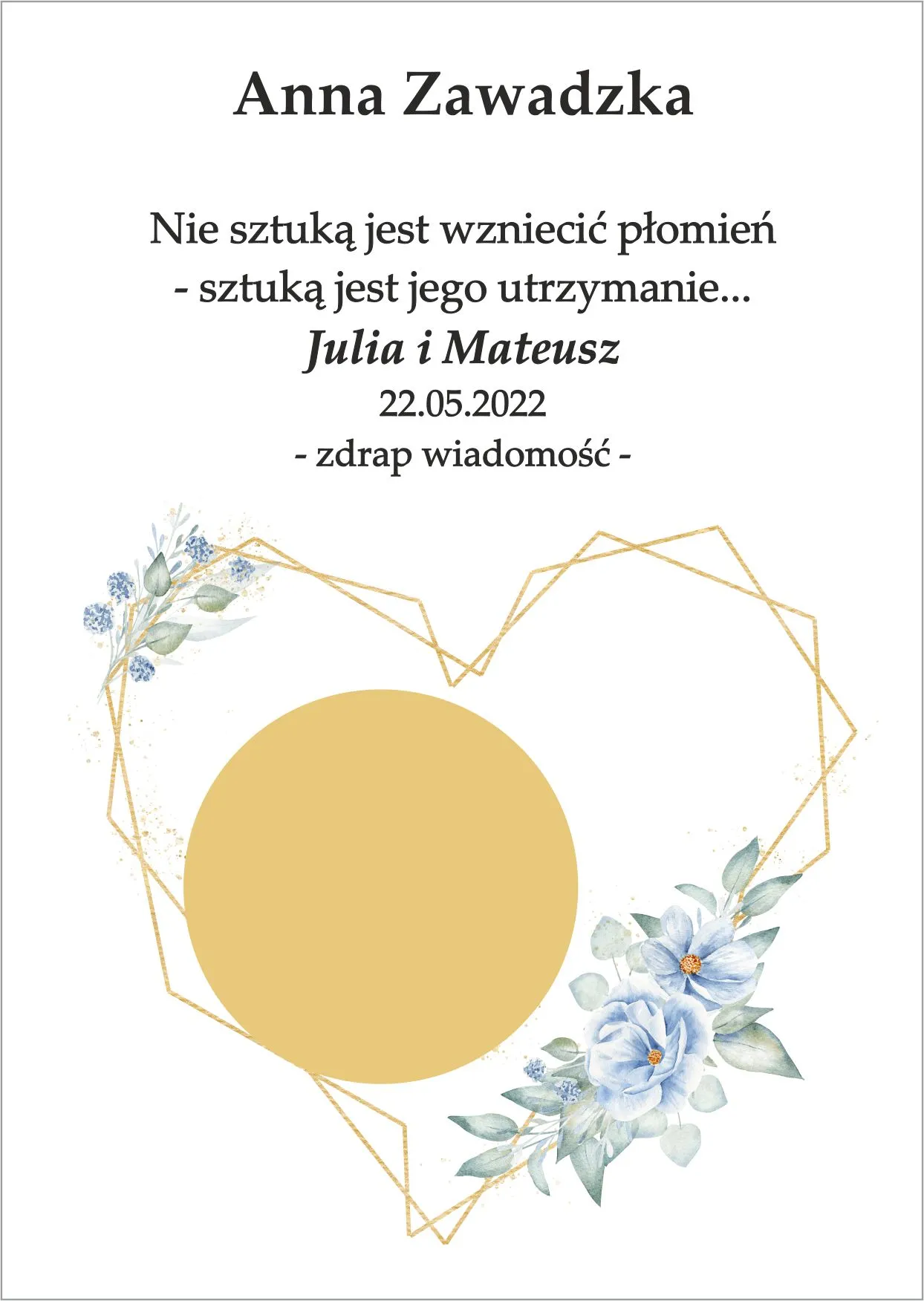 Winietka zdrapka - model graficzny z sercem geometrycznym z dodatkiem ziolono niebieskich kwiatów