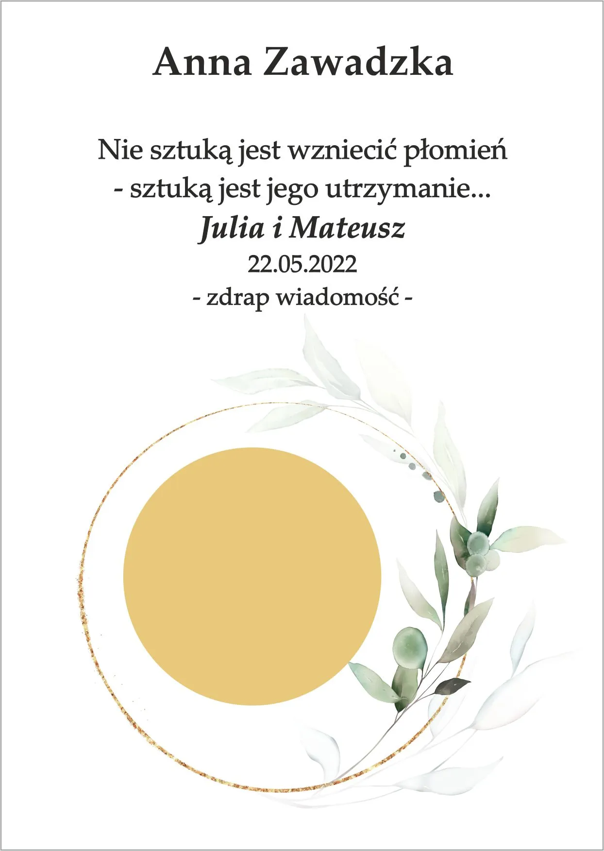 Winietka zdrapka - model z symbolem obrączki z dodatkiem kwiatków