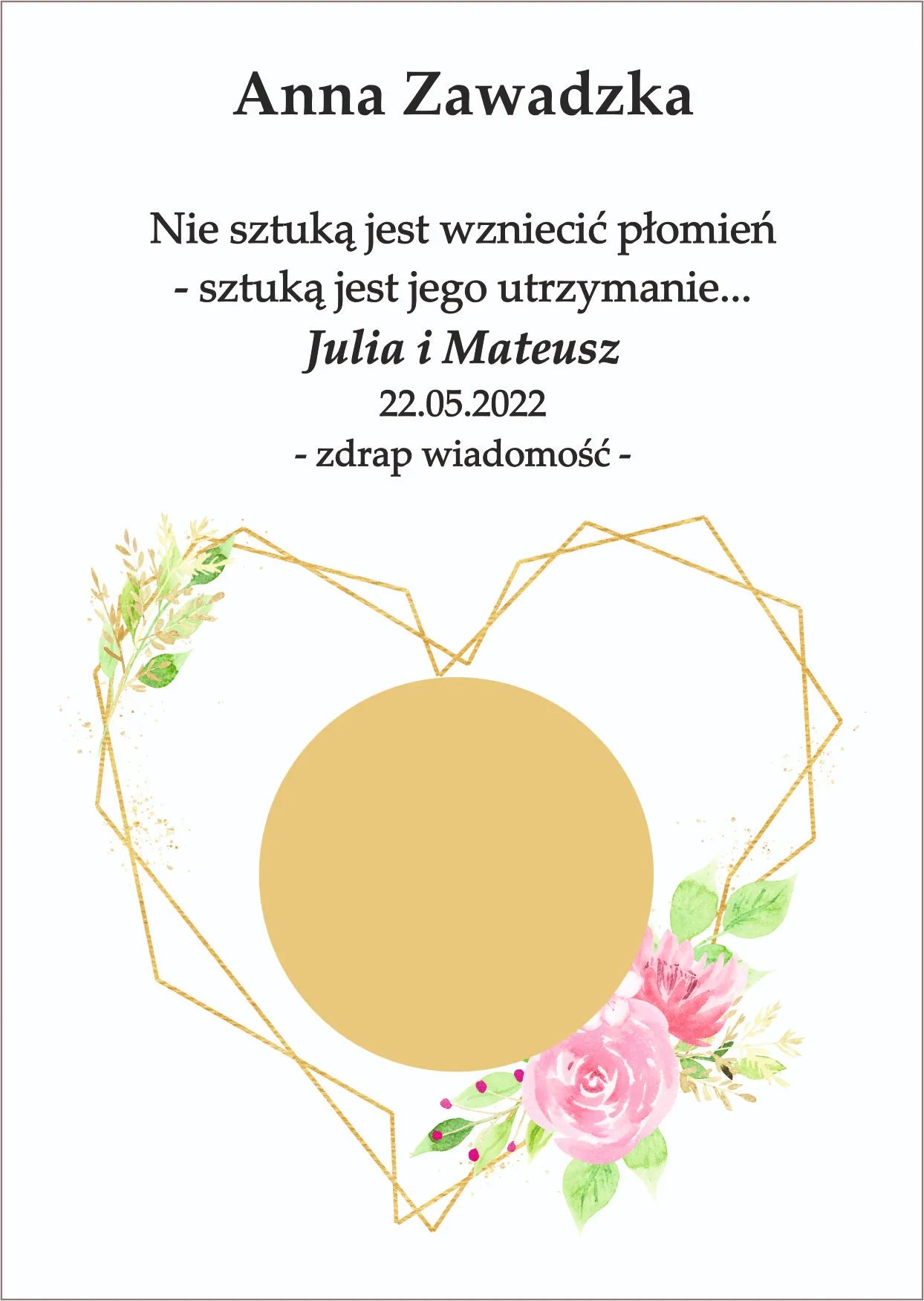 Winietka zdrapka - model z sercem i dodatkiem różowych kwiatów