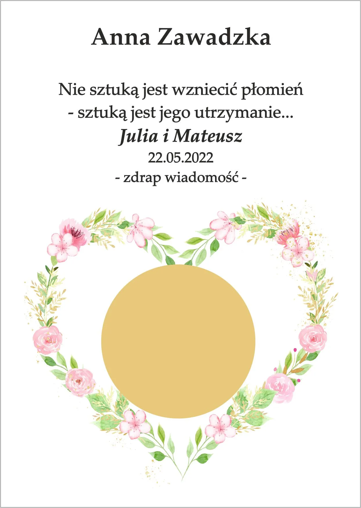 Winietka zdrapka - model z sercem z kwiatów różowo zielonych