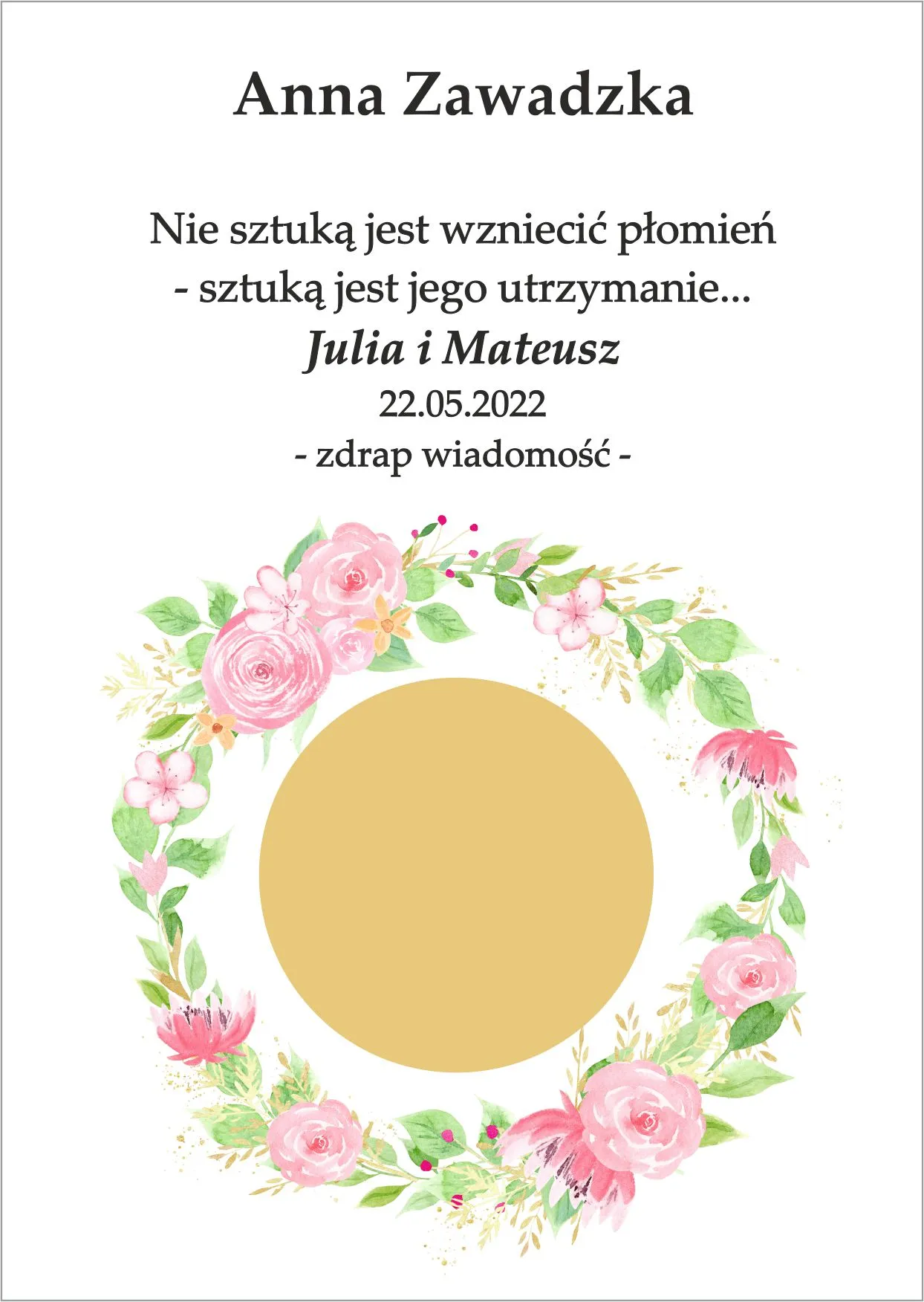 Winietka zdrapka - model wianuszka z kwaitków zielono różowych