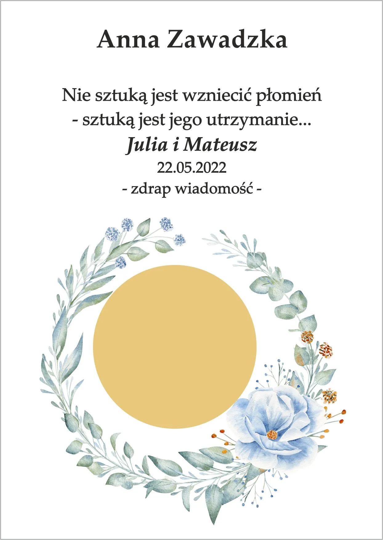 Winietka zdrapka - model graficzny z wiankiem z niebieskim kwiatkiem i zielonymi dodatkami