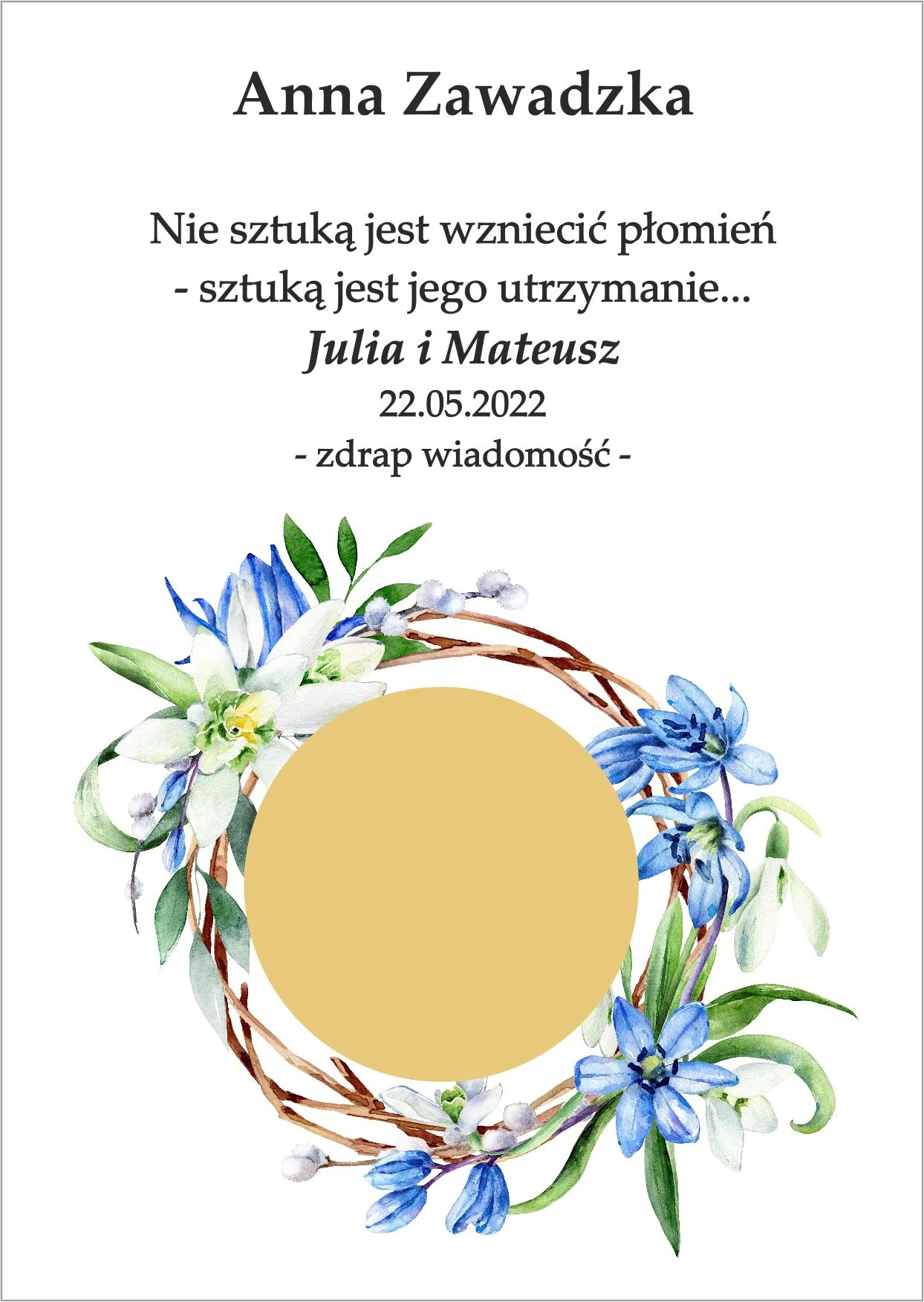 Winietka zdrapka - Rustykalny model graficzny z dodatkiem kwiatków zielono niebieskich