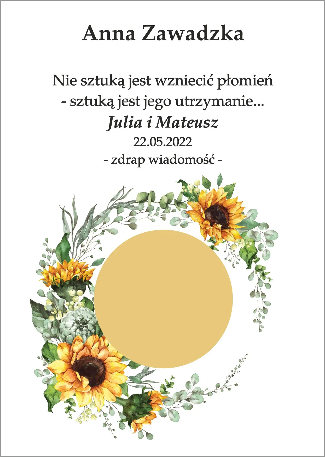 Winietka zdrapka - model wianuszka z kwiatów słonecznika