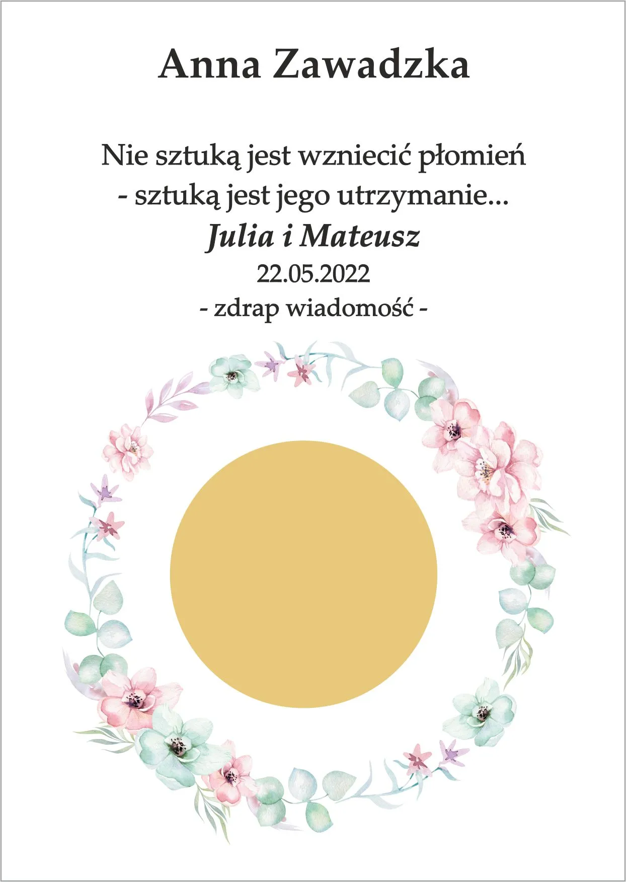 Winietka zdrapka - delikatny i minimalistyczny wianeszke z jasno zielonych i różowych kwiatów