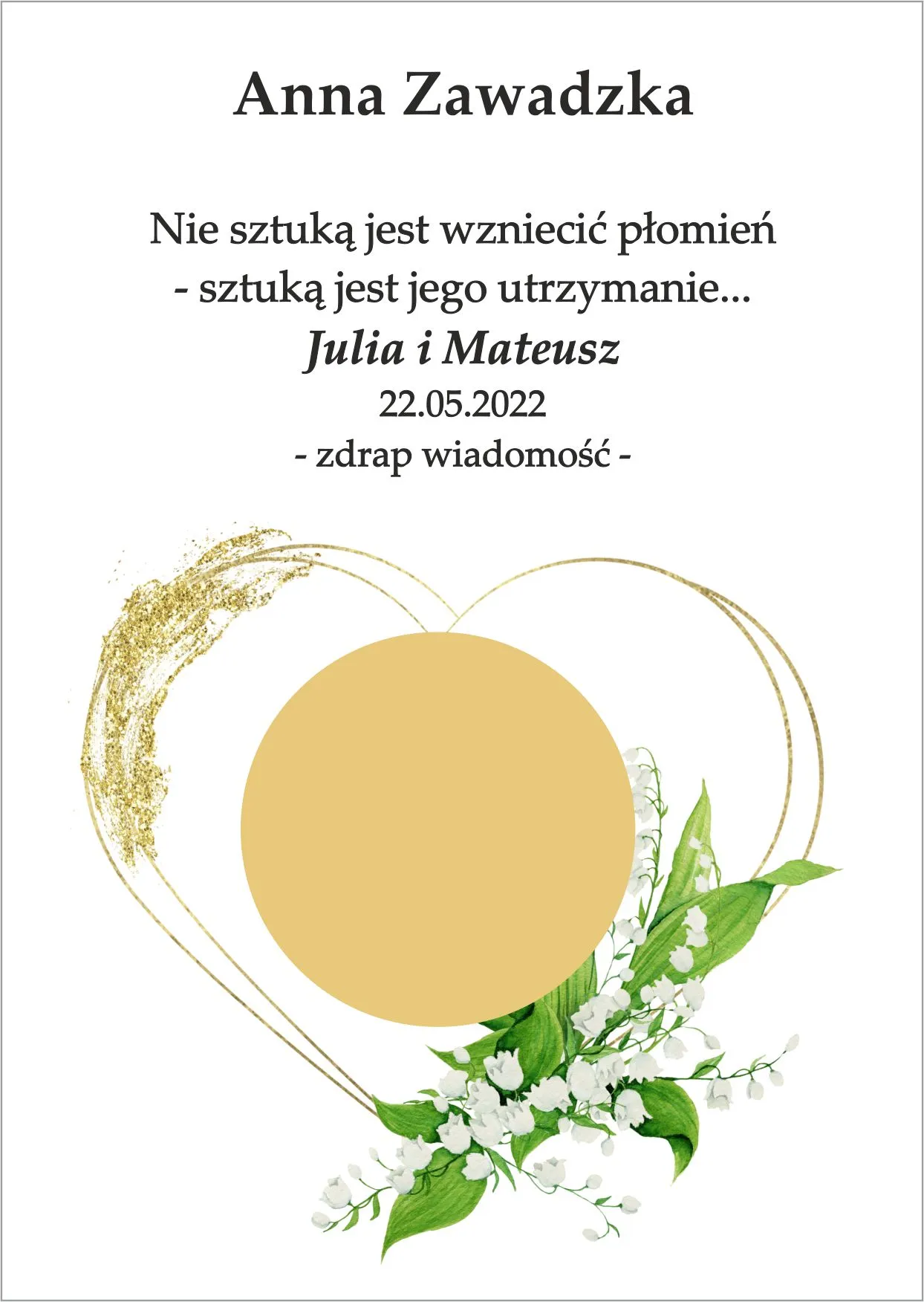 Winietka zdrapka - model złoconego serduszka z dodatkiem kwiatów w kolorze biało zielonych