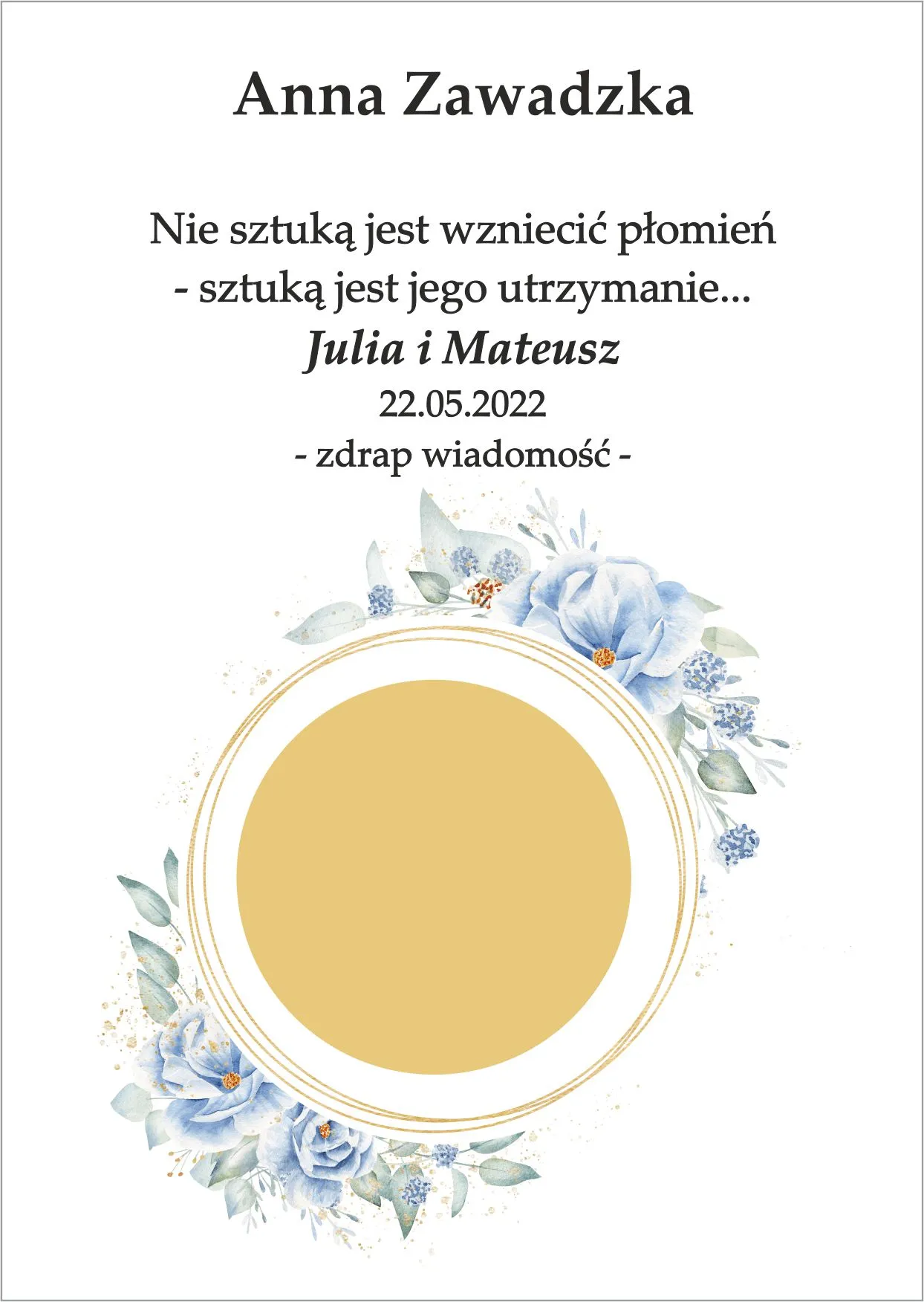Winietka zdrapka - model graficzny ze złotym kółkiem z dodatkiem ziolono niebieskich kwiatów