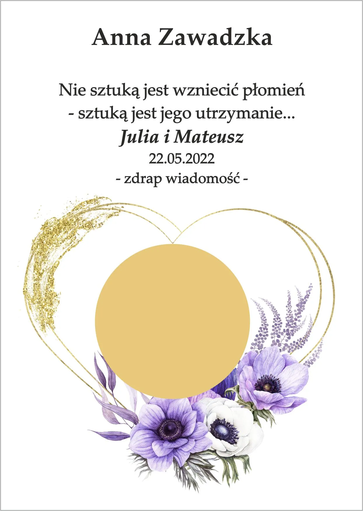 Winietka zdrapka - serce ozdobione fioletowo zielonych kwiatów