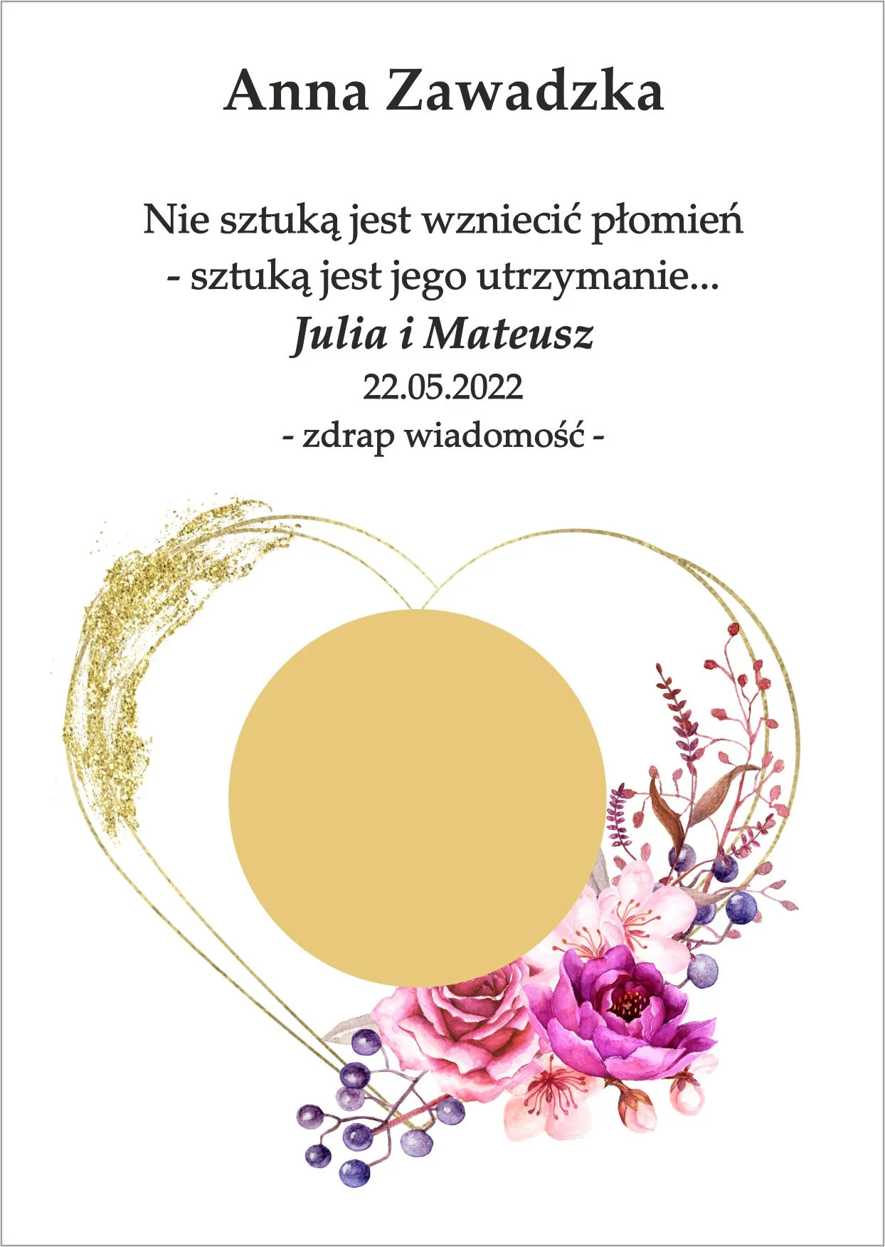 Winietka zdrapka - model serca z dodatkiem różowych kwiatów