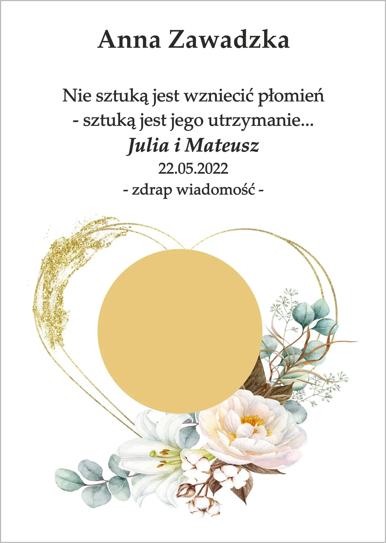 Winietka zdrapka - model serca w ozdobie bożowo zieelonych kwiatów
