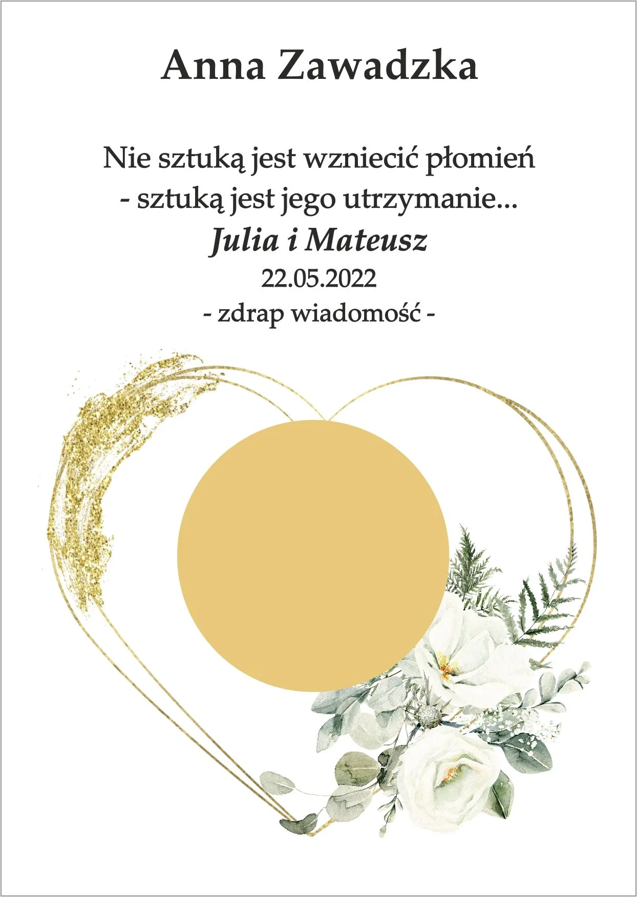 Winietka zdrapka - model serca z dodatkiem biało zielonogo bukieciku