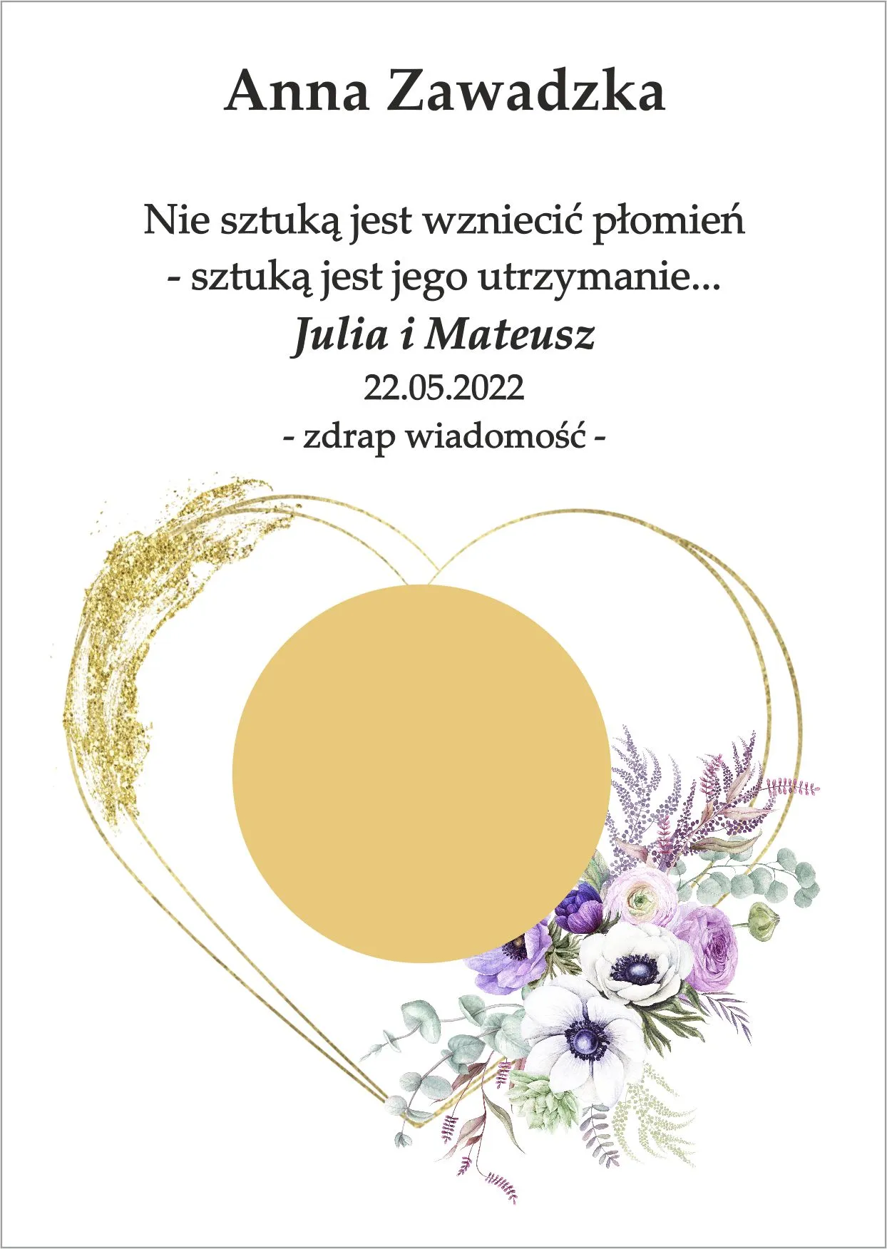 Winietka zdrapka - model serca z dodatkiem fioletowo białego bukieciku
