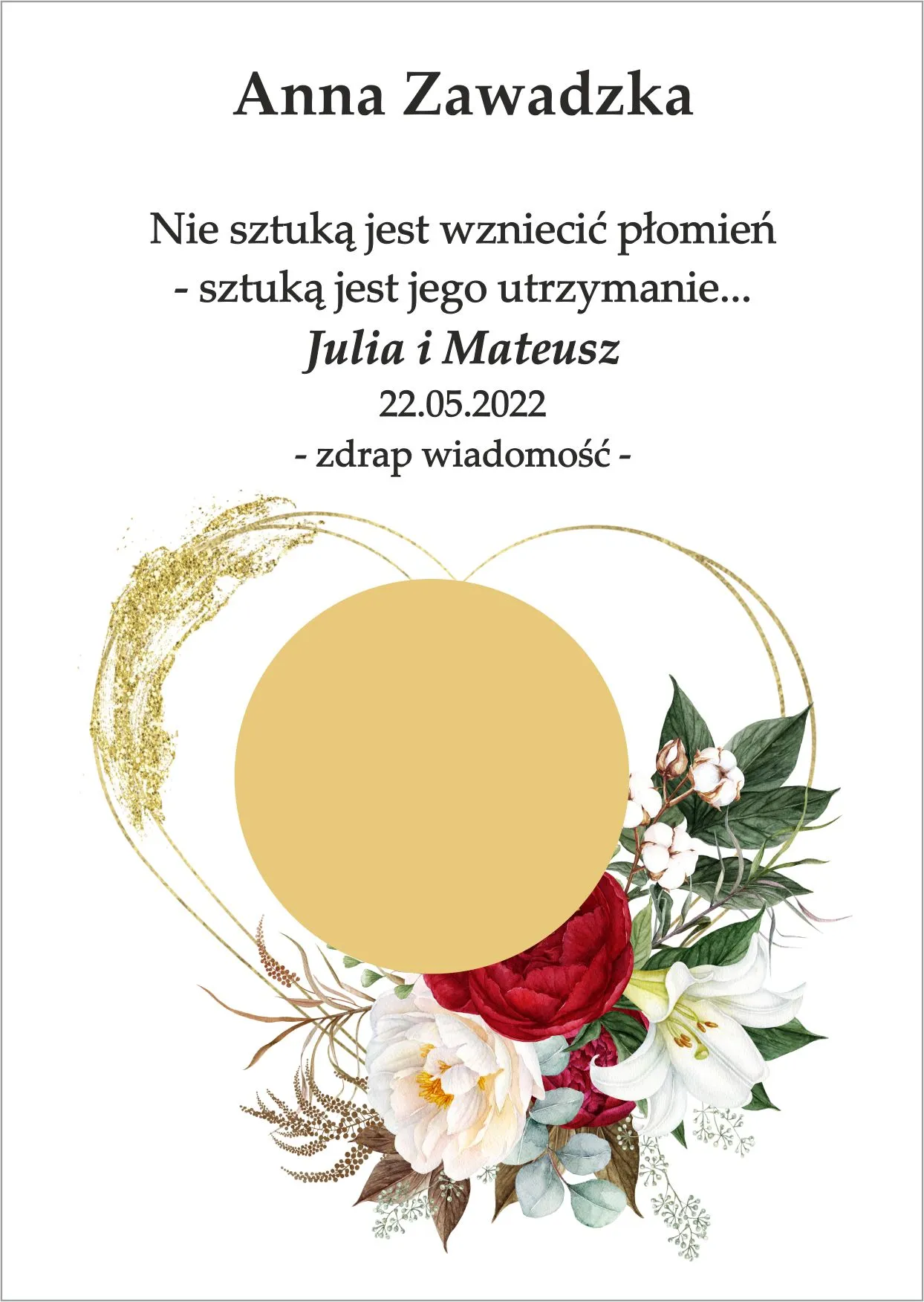 Winietka zdrapka - model serca z dodatkiem czerwono białego bukieciku z dodatkiem zieleni