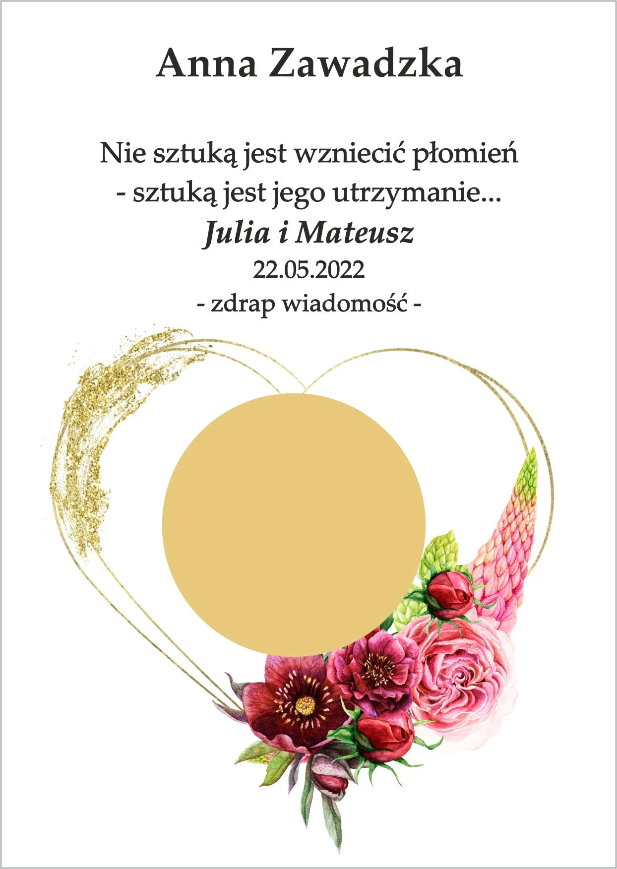 Winietka zdrapka - model serca z dodatkiem bordowo różowego bukietu