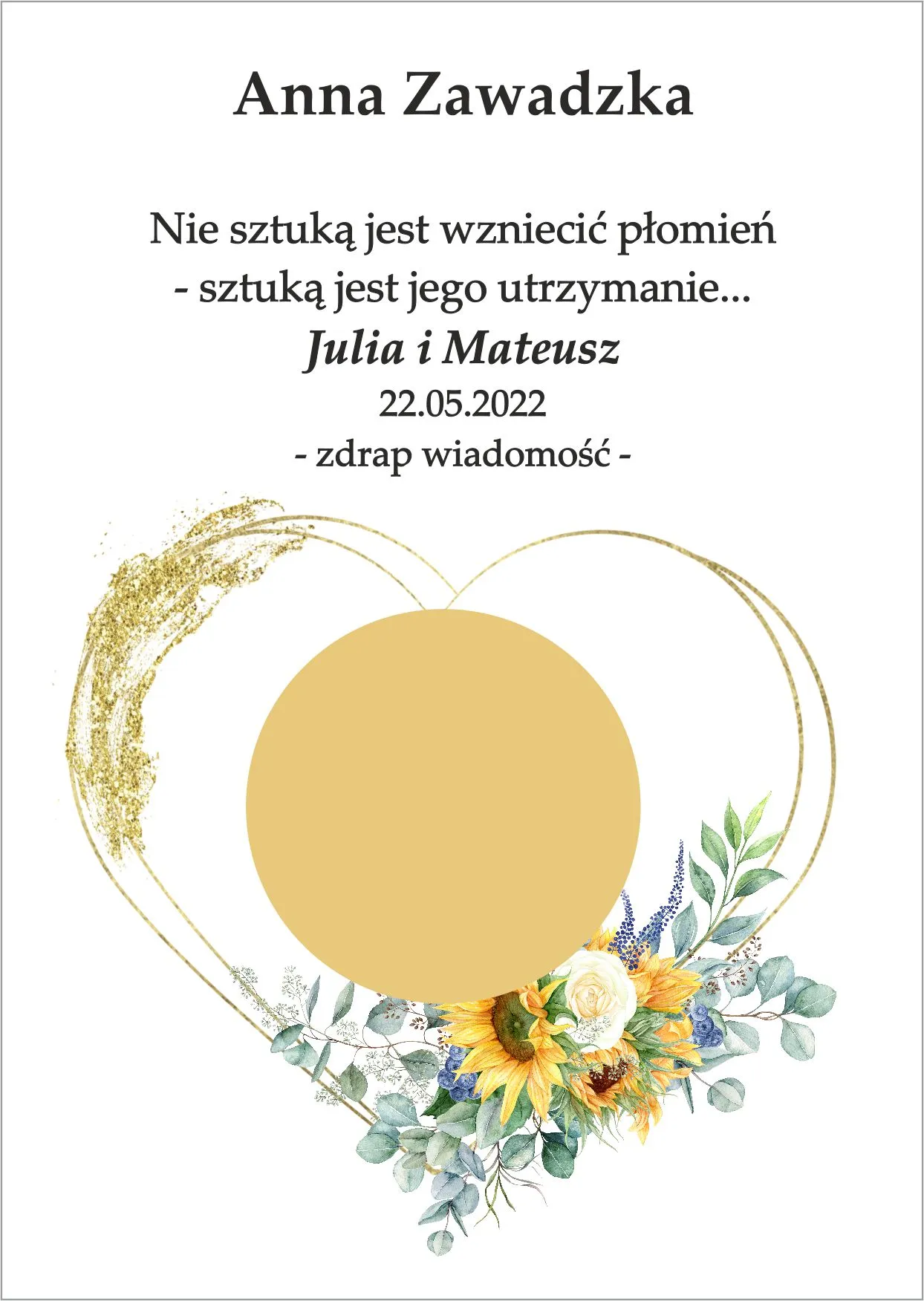 Winietka zdrapka - serce w ozdobie kwiatów słonecznika