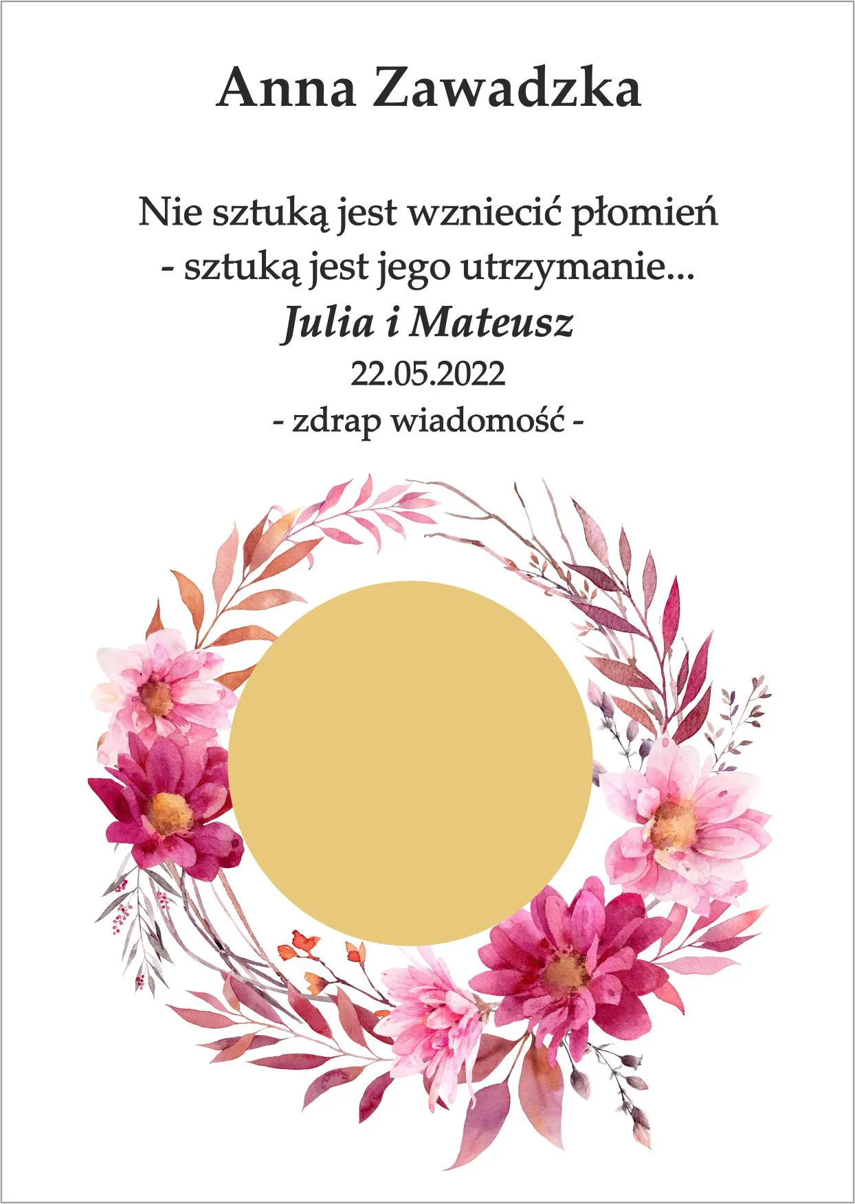 Winietka zdrapka - wianek różowy z kwiatów