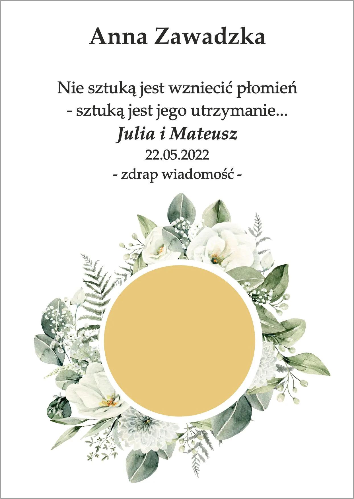 Winietka zdrapka - model graficzny kwiatowy wianek biało zielony