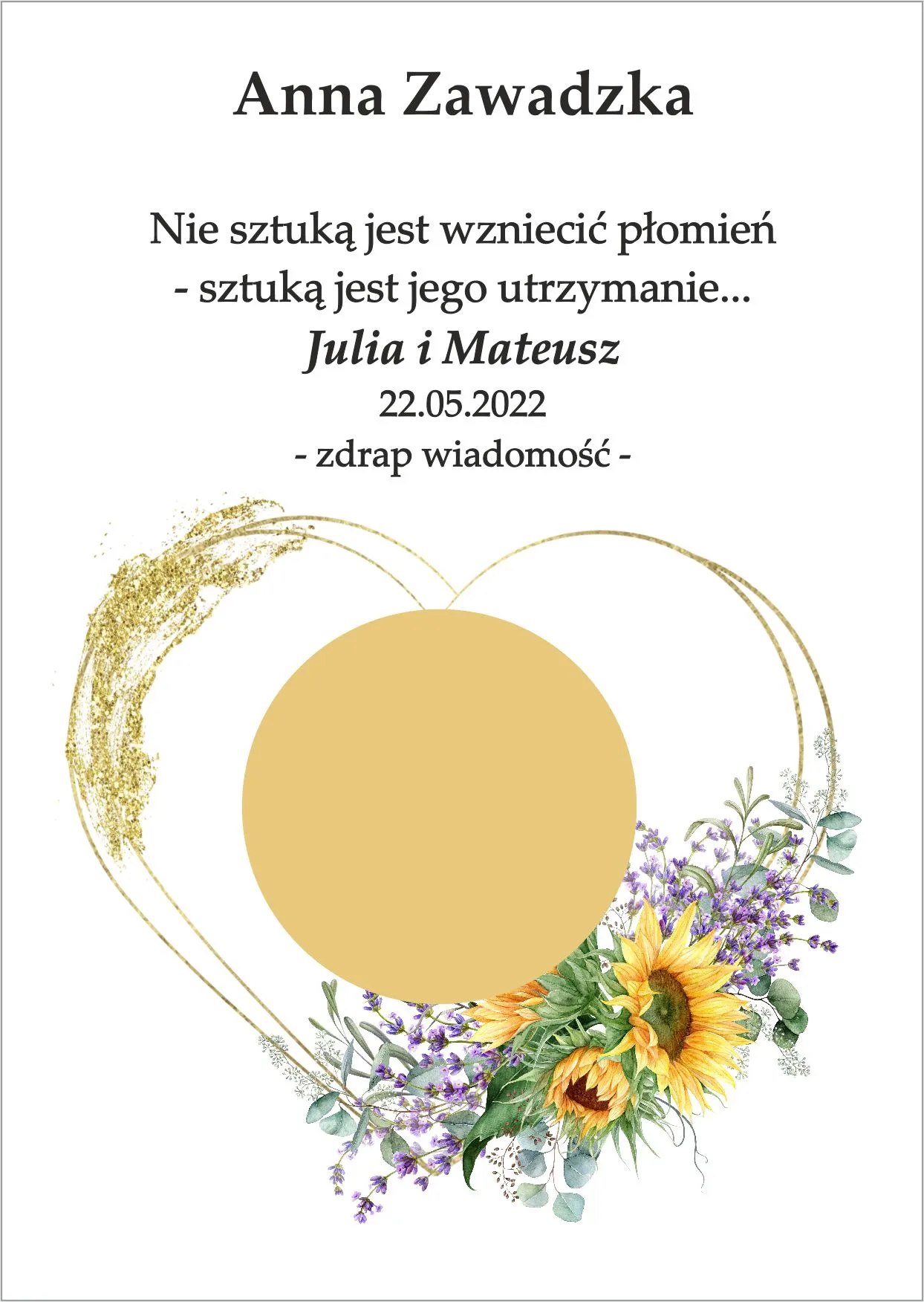 Winietka zdrapka - serce dodatkiem bukietu ze słonecznika