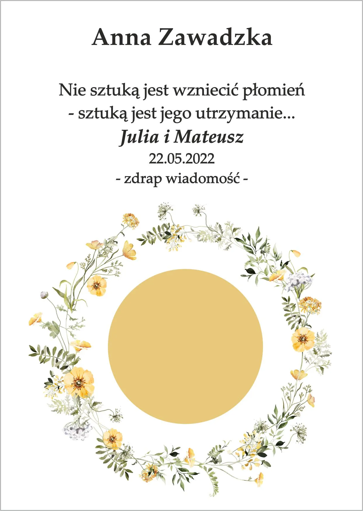 Winietka zdrapka - model delikatnego i eleganckiego wianka z żółto zielonych kwiatów