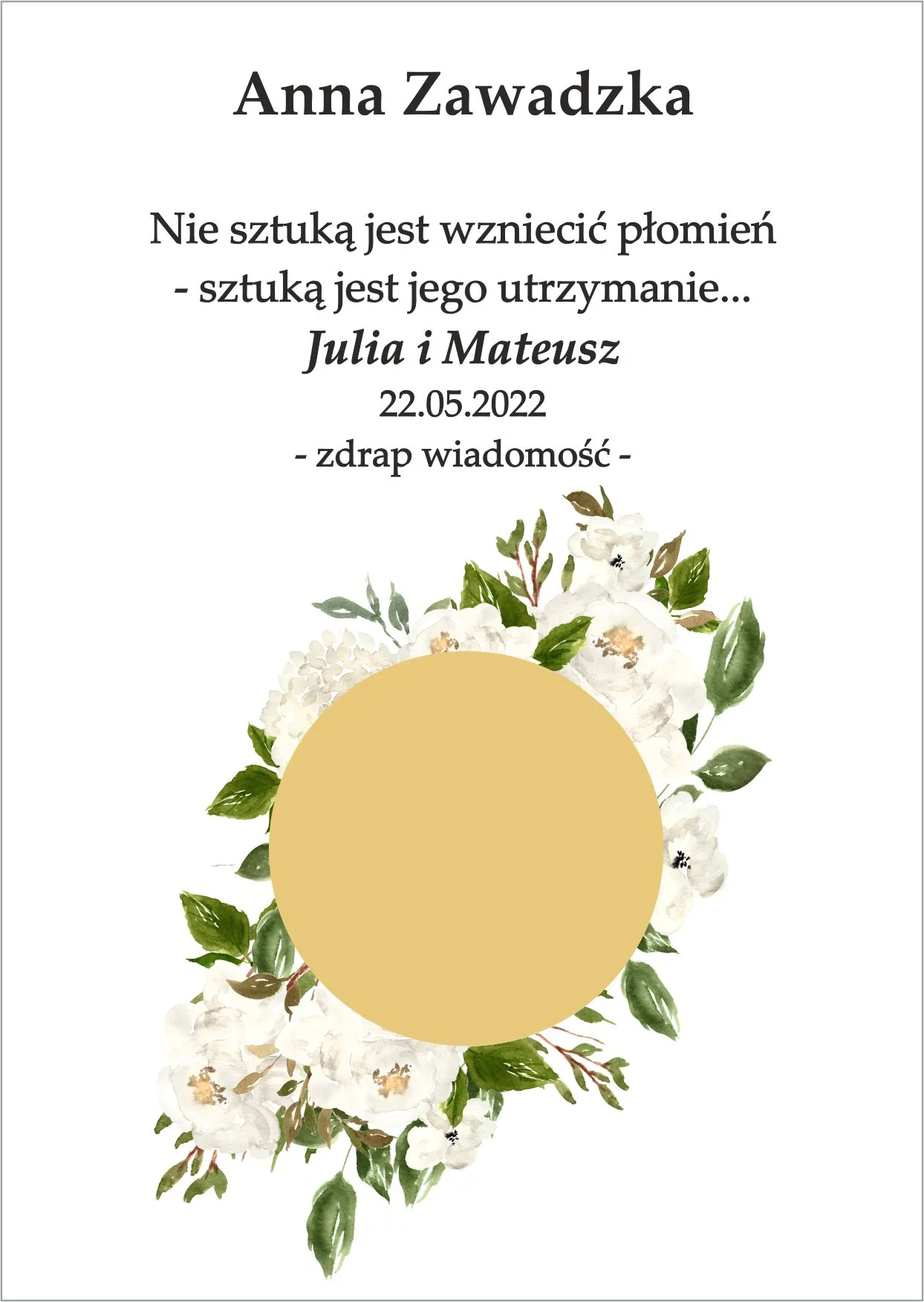 Winietka zdrapka - model bukiet rustyklany z kwiatów biało zielonych