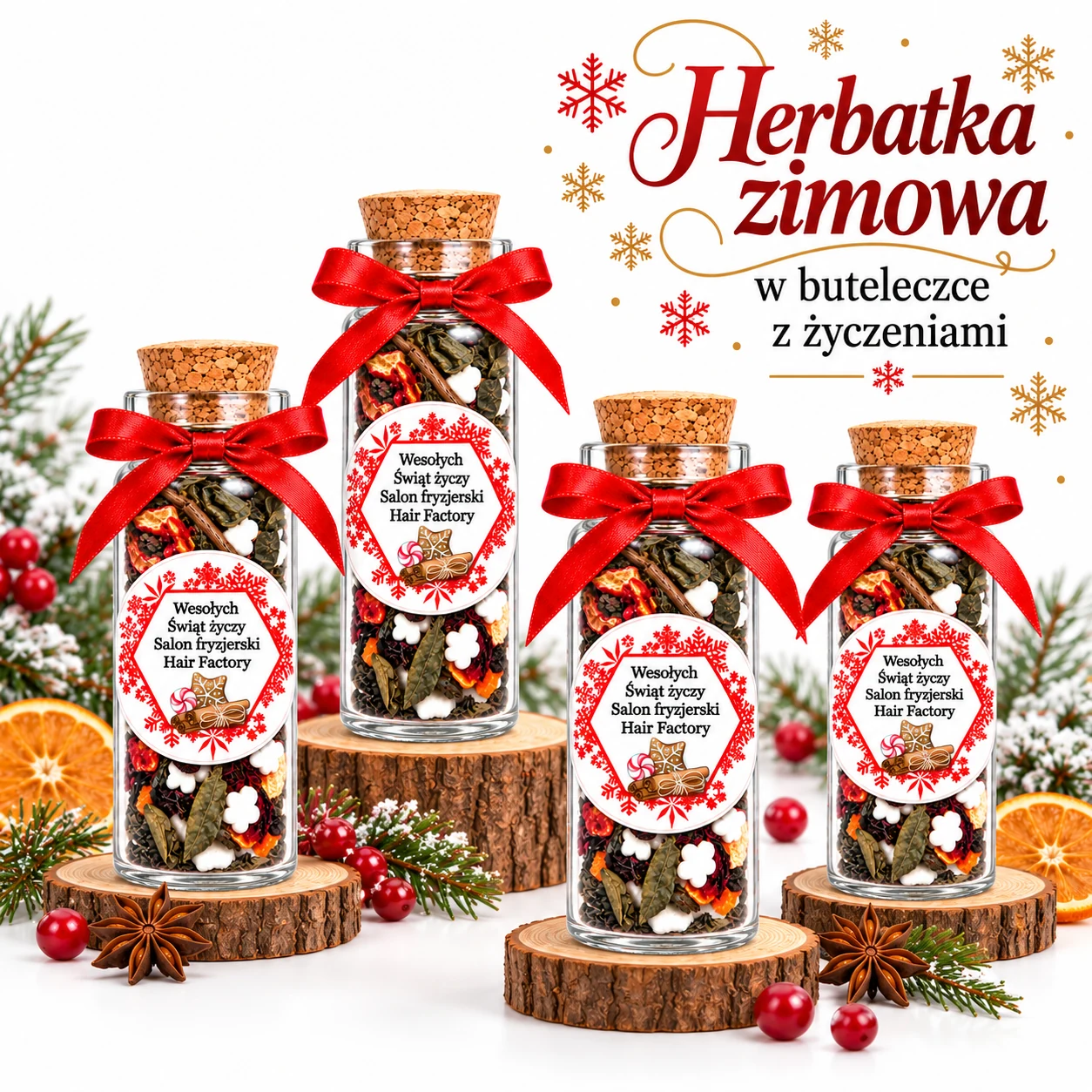 herbata we fiolce z życzeniami dla klientów 