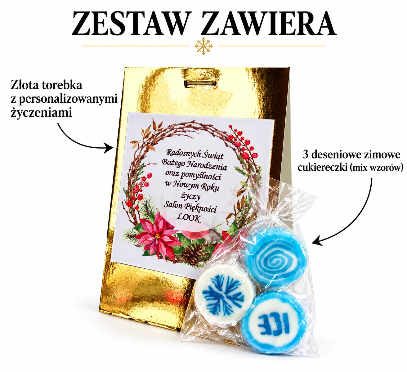 Złota torebka z cukierkami na świątecznym stole – prezent firmowy