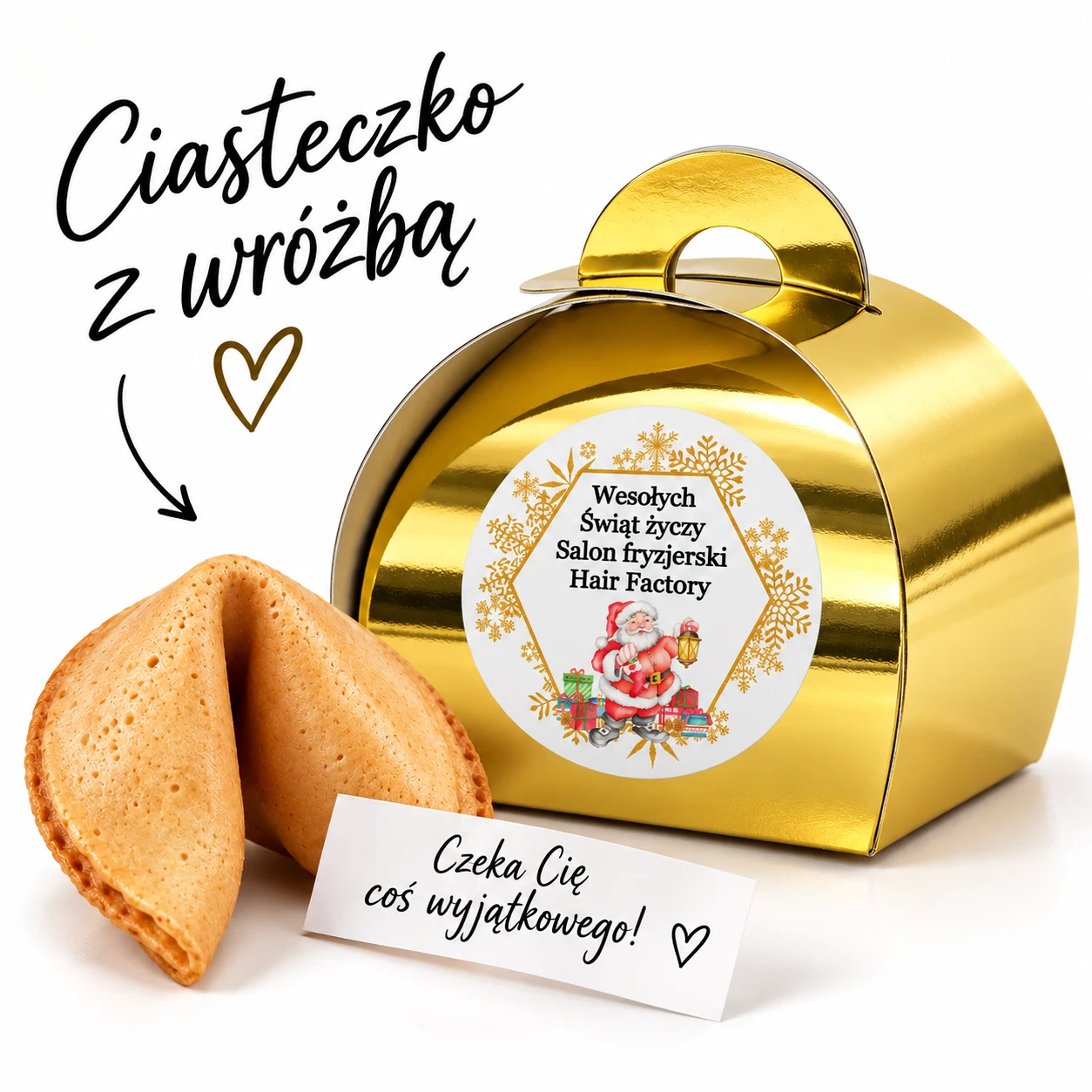 Personalizowane ciasteczko z wróżbą w złotym pudełeczku na Boże Narodzenie