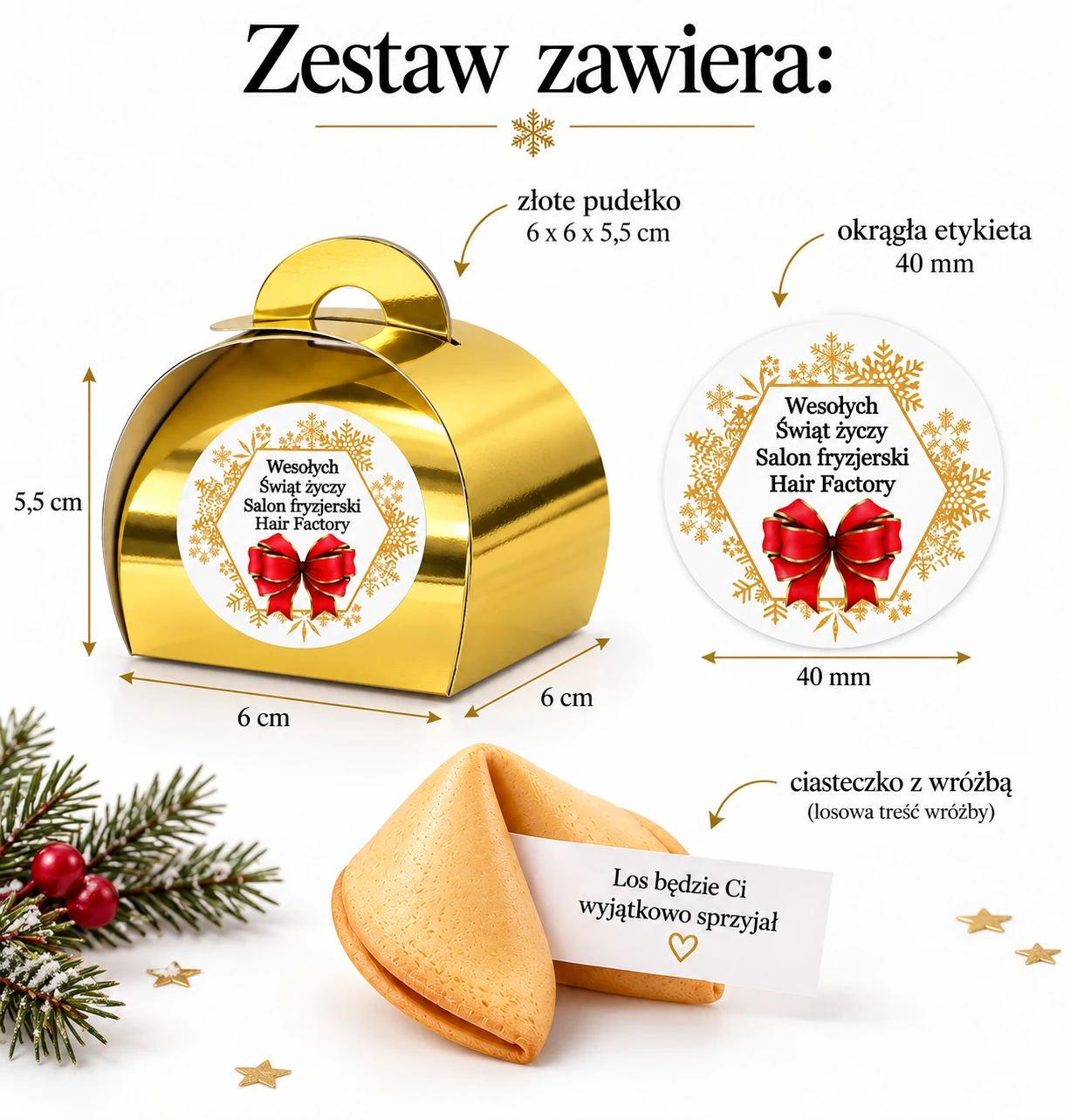 Ciasteczko z wróżbą w złotym pudełeczku na Boże Narodzenie - wymiary zestawu 6 x 6 x 5,5 cm