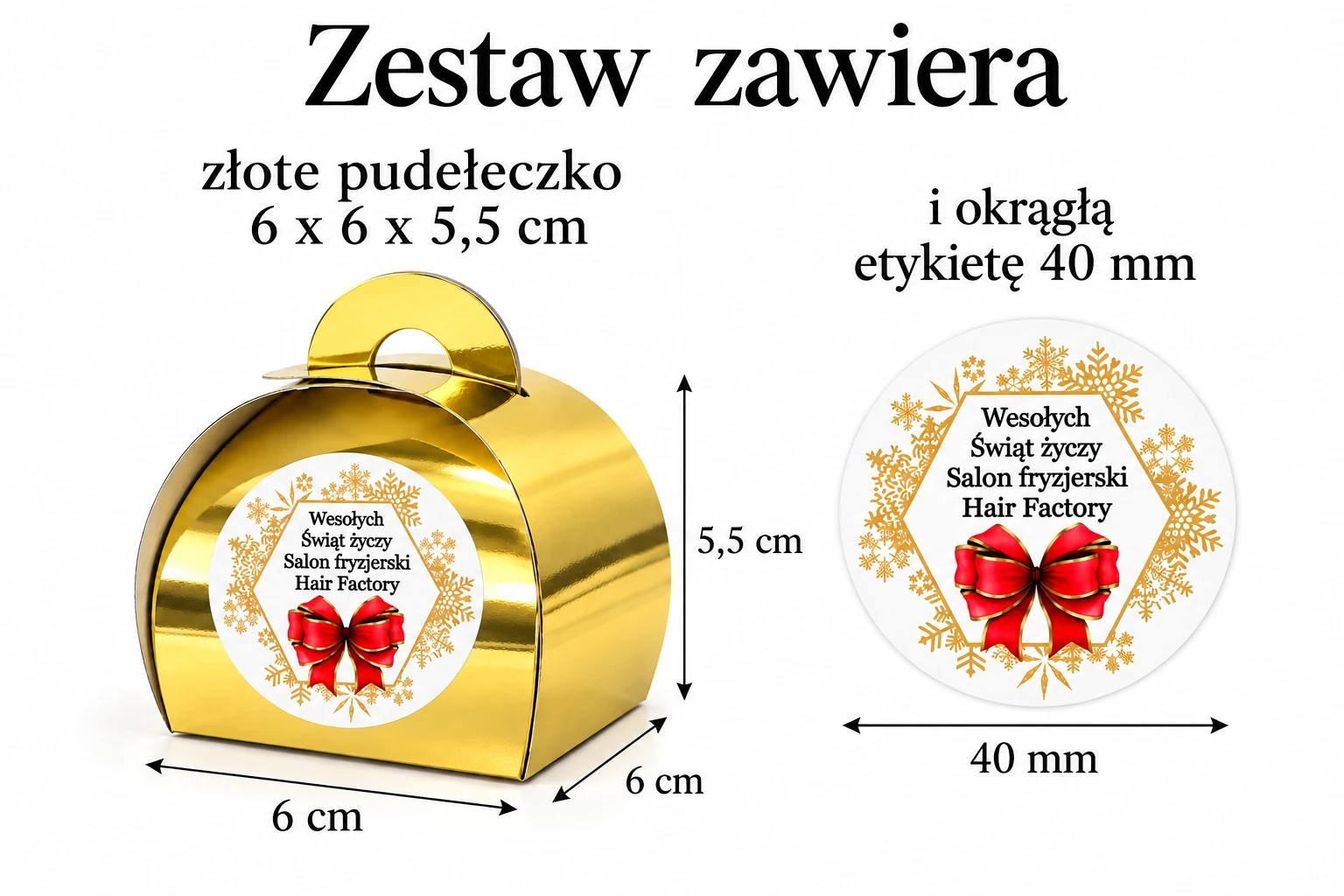 Złote pudełeczko świąteczne 6 x 6 x 5,5 cm z etykietą 40 mm
